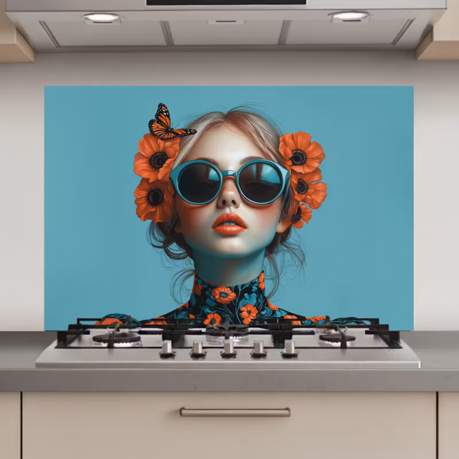 Spatscherm keuken - Vrouw - Blauw - Vlinder - Bloemen - Aesthetic — 1
