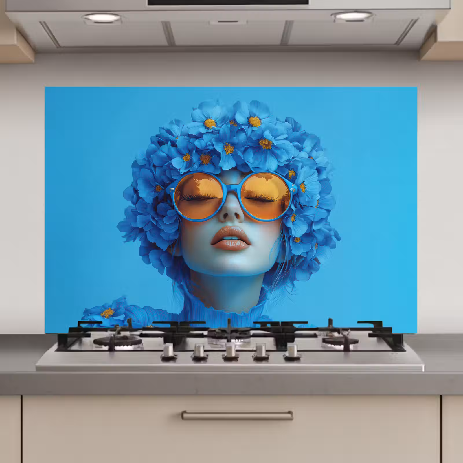 Spatscherm keuken - Vrouw - Bloem - Blauw - Modern - Bril - Portret — 1