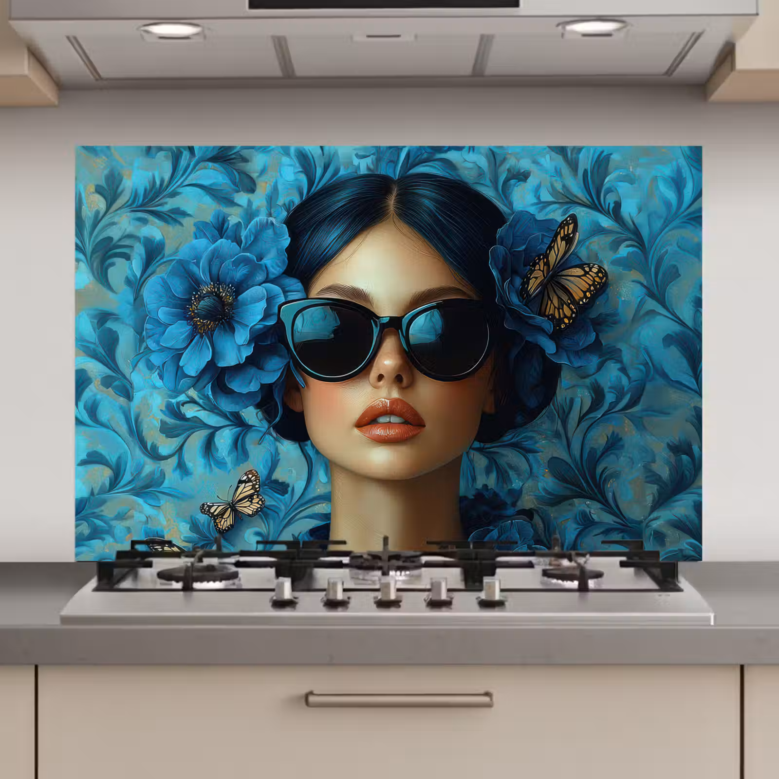 Spatscherm keuken - Vrouw - Bloemen - Vlinders - Blauw - Abstract — 1