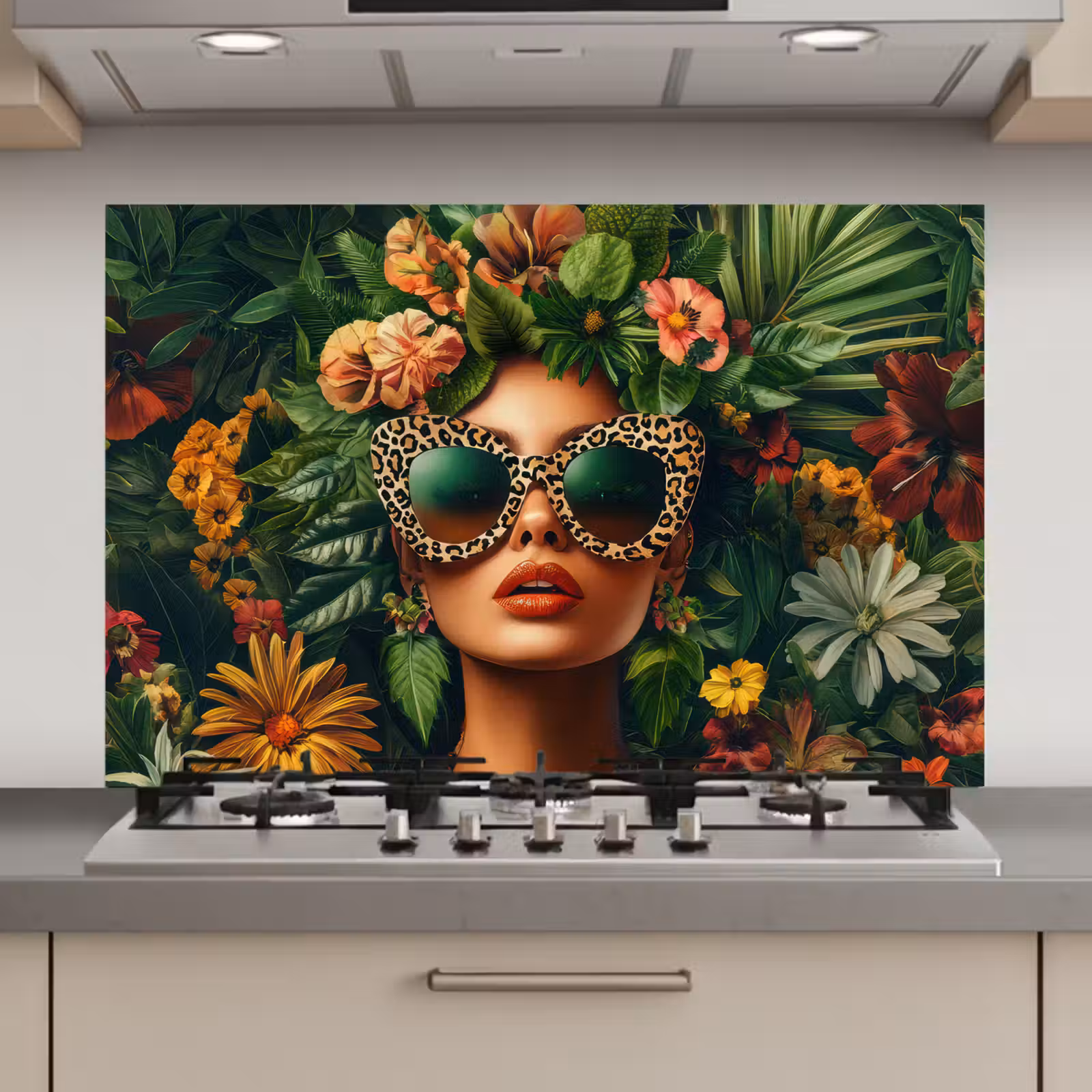 Spatscherm keuken - Vrouw - Panterprint - Jungle - Natuur - Luxe — 1