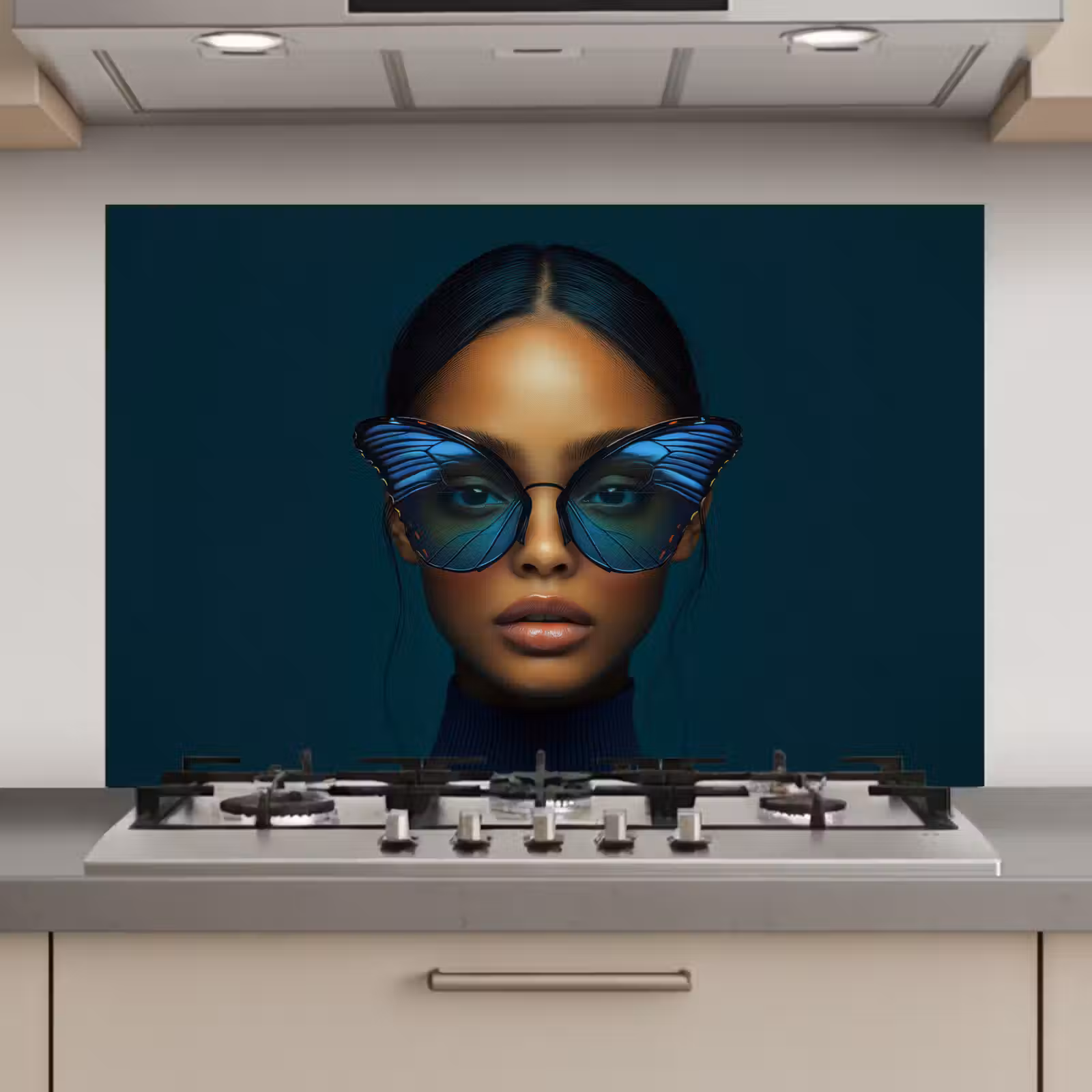 Spatscherm keuken - Vrouw - Vlinder - Bril - Blauw - Modern - Portret — 1