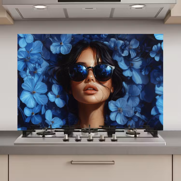 Spatscherm keuken - Vrouw - Blauw - Bloemen - Vlinders - Natuur — 1