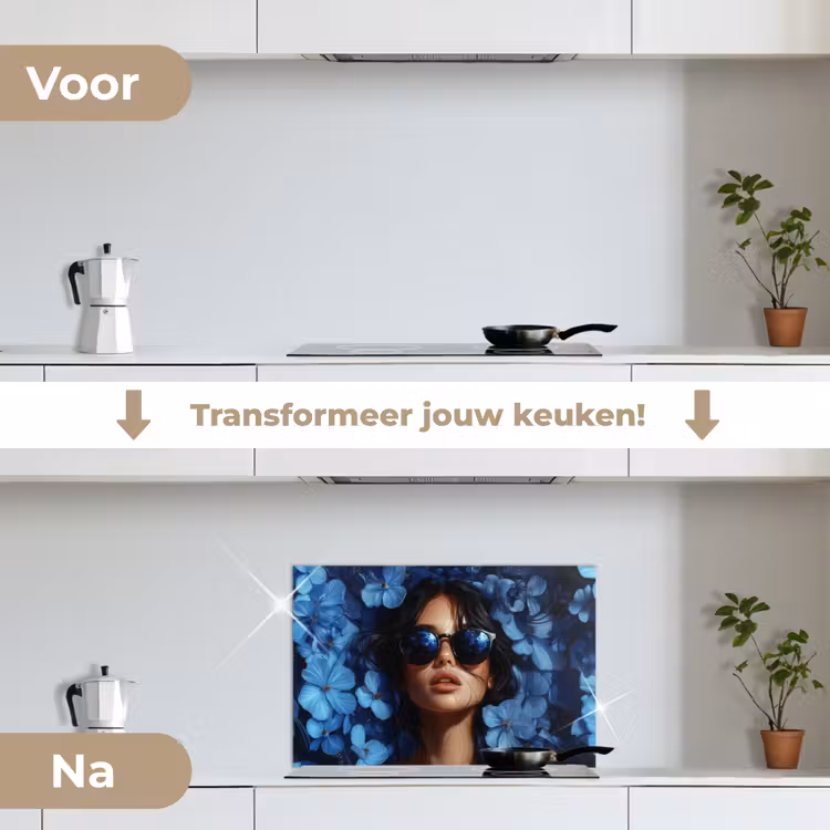 Spatscherm keuken - Vrouw - Blauw - Bloemen - Vlinders - Natuur — 3