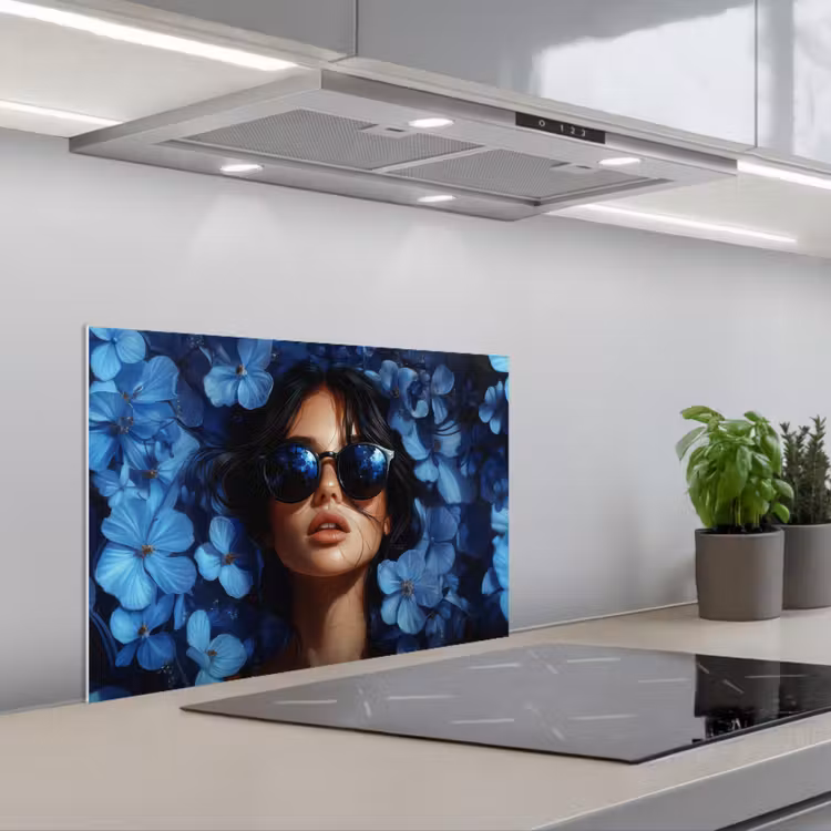 Spatscherm keuken - Vrouw - Blauw - Bloemen - Vlinders - Natuur — 5