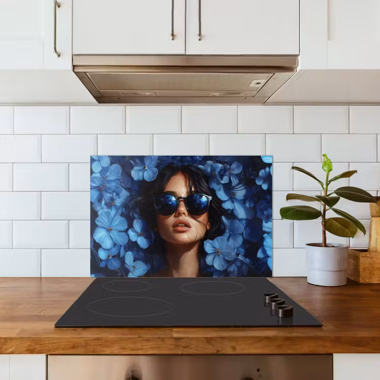 Spatscherm keuken - Vrouw - Blauw - Bloemen - Vlinders - Natuur — 6