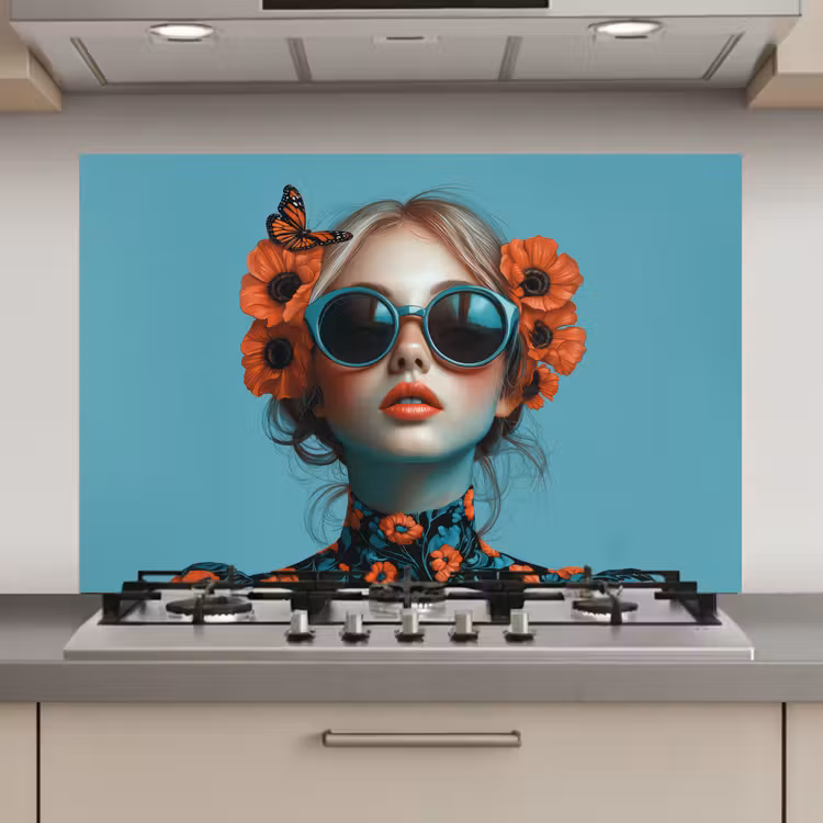 Spatscherm keuken - Vrouw - Blauw - Vlinder - Bloemen - Aesthetic — 1