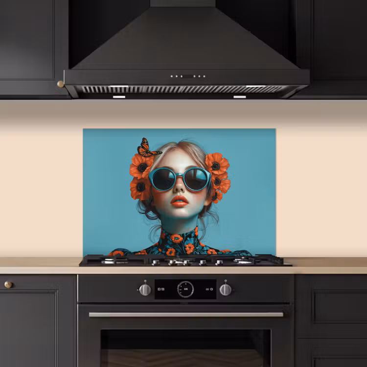 Spatscherm keuken - Vrouw - Blauw - Vlinder - Bloemen - Aesthetic — 2