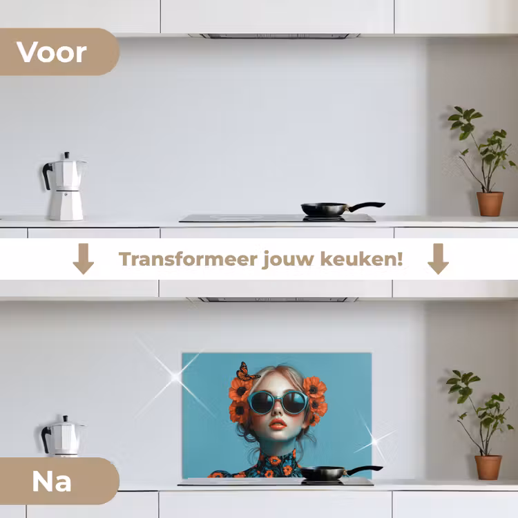 Spatscherm keuken - Vrouw - Blauw - Vlinder - Bloemen - Aesthetic — 3