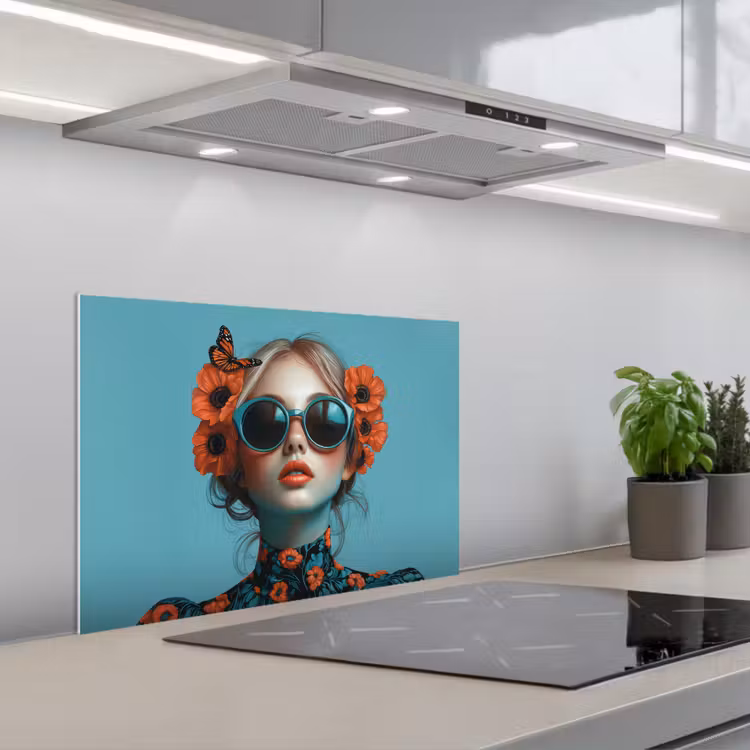 Spatscherm keuken - Vrouw - Blauw - Vlinder - Bloemen - Aesthetic — 5