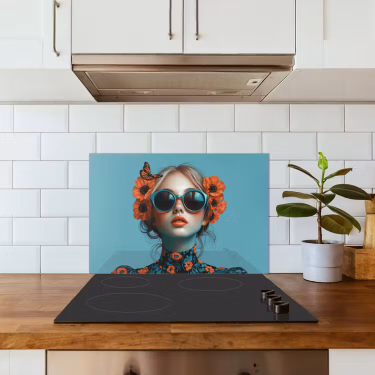 Spatscherm keuken - Vrouw - Blauw - Vlinder - Bloemen - Aesthetic — 6