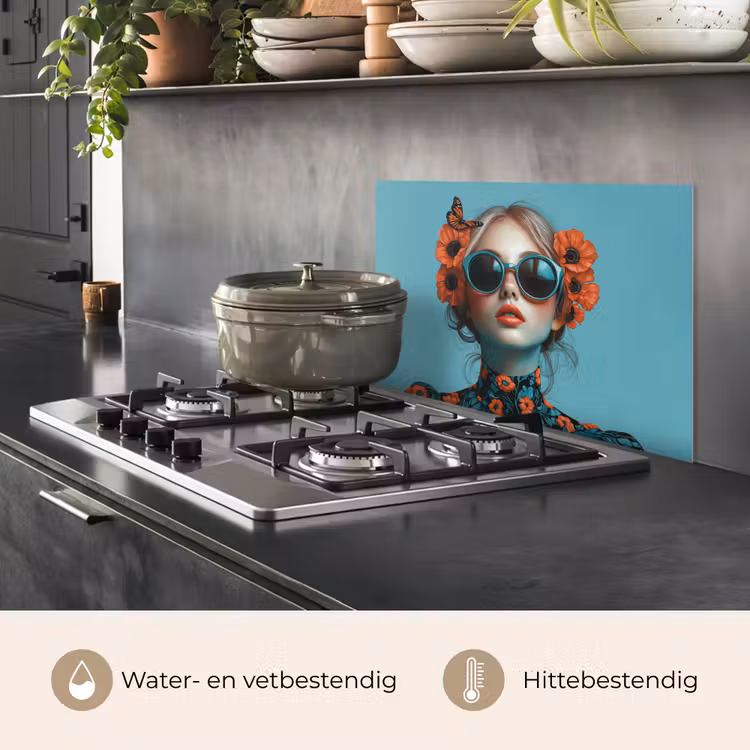 Spatscherm keuken - Vrouw - Blauw - Vlinder - Bloemen - Aesthetic — 7