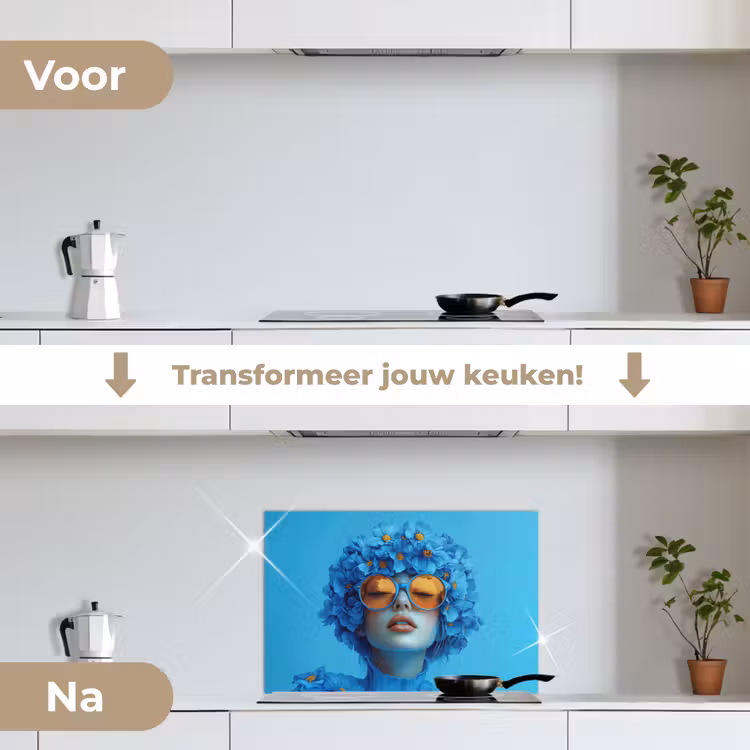 Spatscherm keuken - Vrouw - Bloem - Blauw - Modern - Bril - Portret — 3