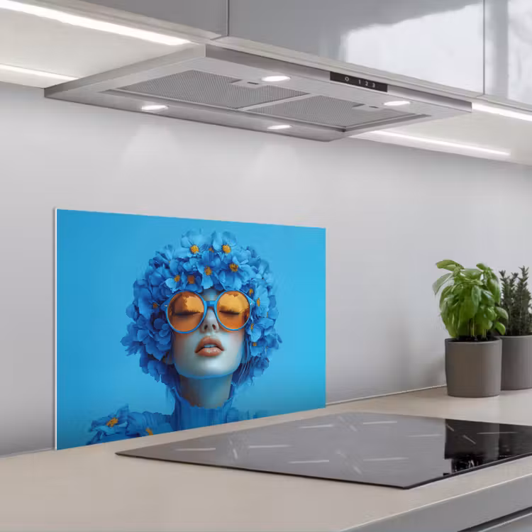 Spatscherm keuken - Vrouw - Bloem - Blauw - Modern - Bril - Portret — 5
