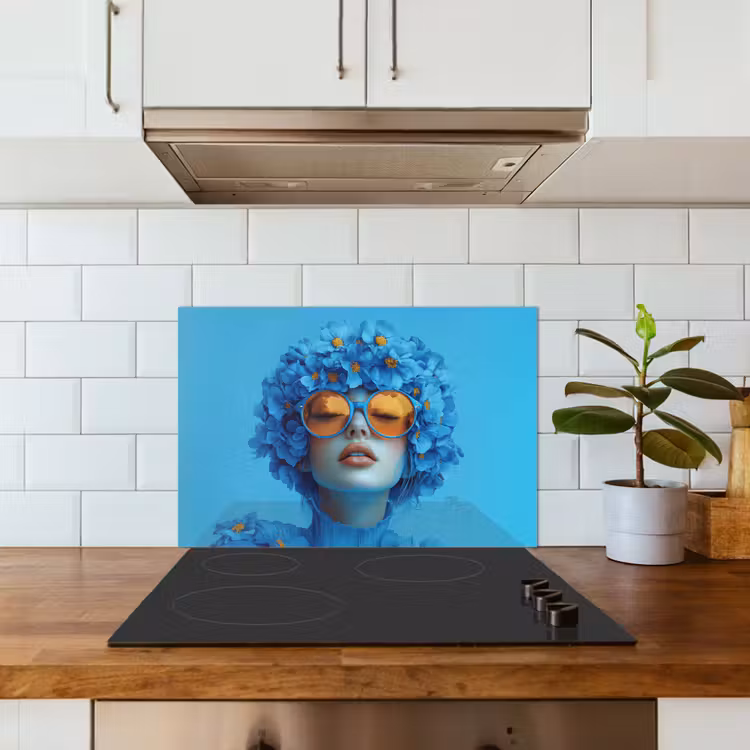Spatscherm keuken - Vrouw - Bloem - Blauw - Modern - Bril - Portret — 6