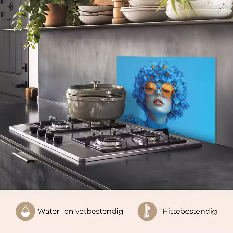 Spatscherm keuken - Vrouw - Bloem - Blauw - Modern - Bril - Portret — 7