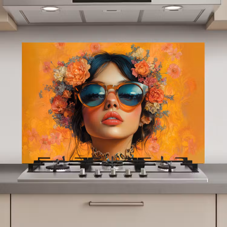 Spatscherm keuken - Vrouw - Bloemen - Aesthetic - Oranje — 1