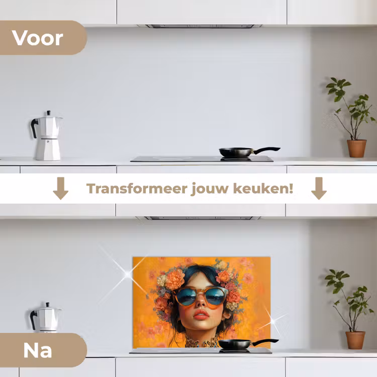Spatscherm keuken - Vrouw - Bloemen - Aesthetic - Oranje — 3