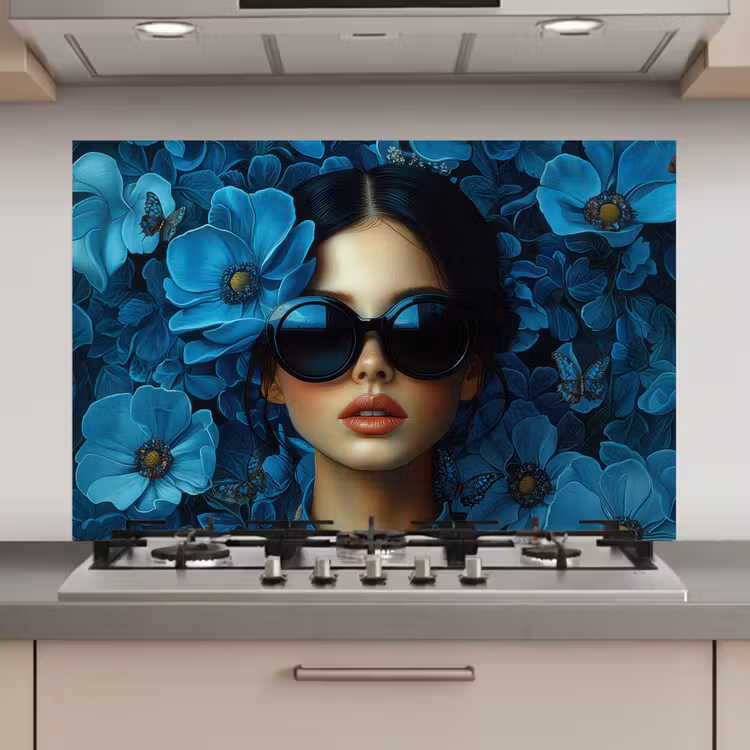 Spatscherm keuken - Vrouw - Bloemen - Blauw - Aesthetic - Luxe — 1