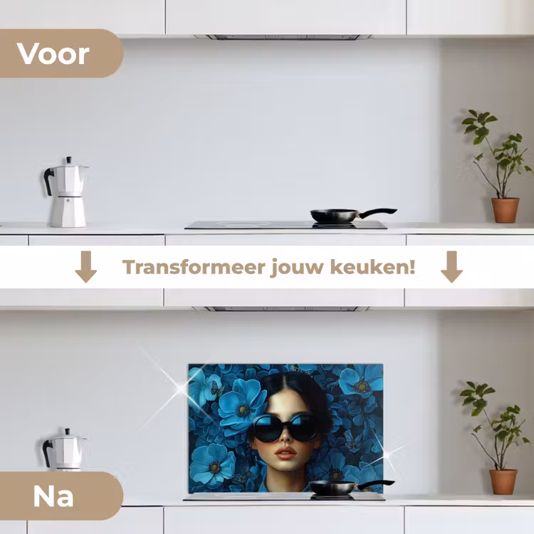 Spatscherm keuken - Vrouw - Bloemen - Blauw - Aesthetic - Luxe — 3