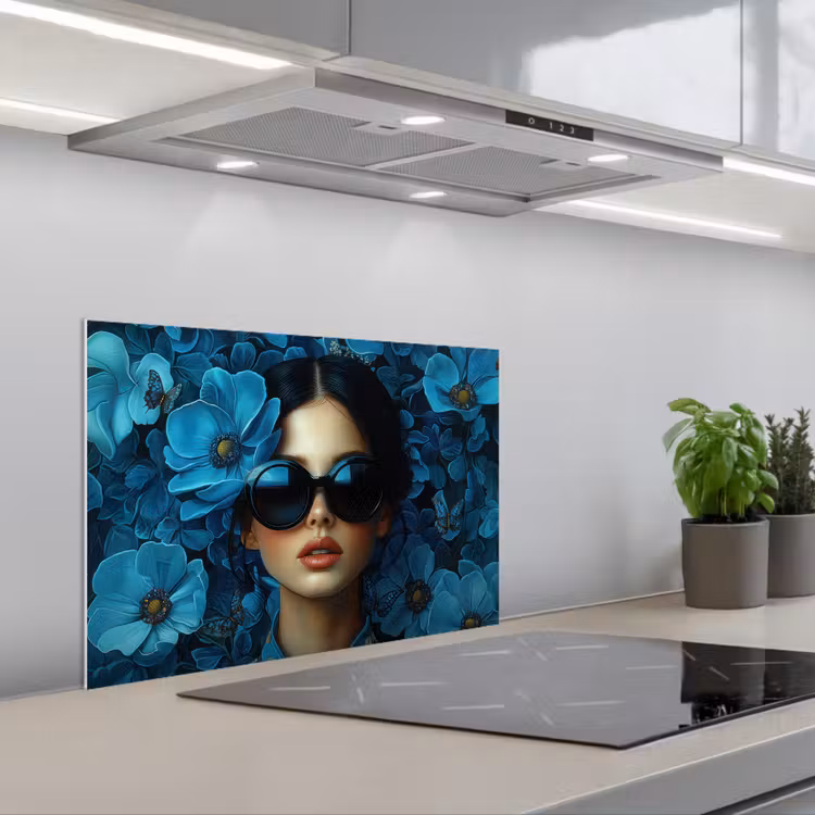Spatscherm keuken - Vrouw - Bloemen - Blauw - Aesthetic - Luxe — 5