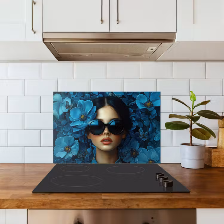 Spatscherm keuken - Vrouw - Bloemen - Blauw - Aesthetic - Luxe — 6