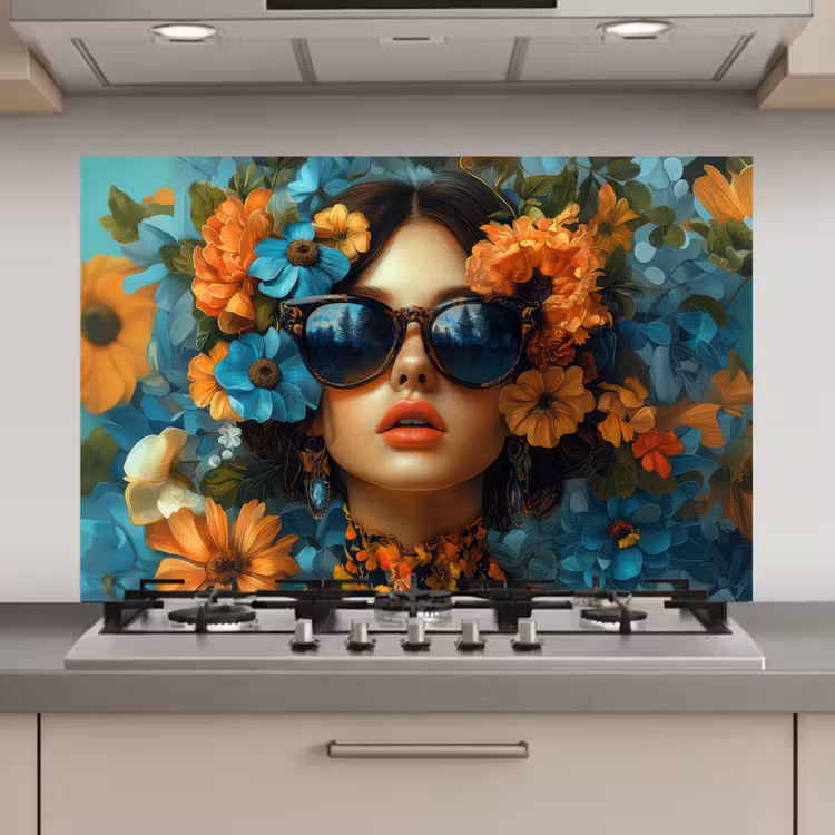 Spatscherm keuken - Vrouw - Bloemen - Oranje - Blauw - Modern — 1