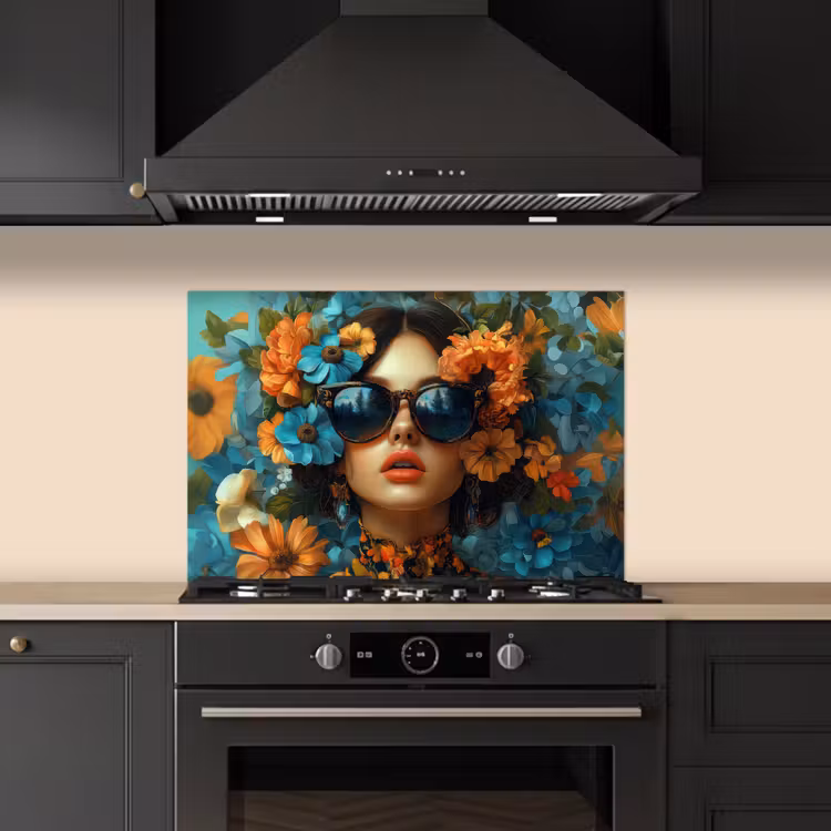 Spatscherm keuken - Vrouw - Bloemen - Oranje - Blauw - Modern — 2