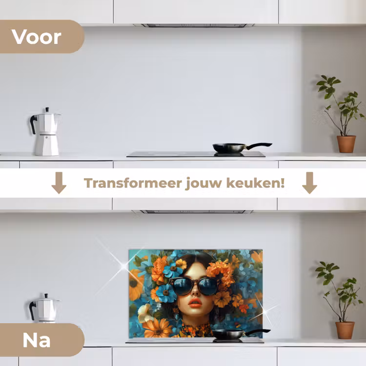Spatscherm keuken - Vrouw - Bloemen - Oranje - Blauw - Modern — 3