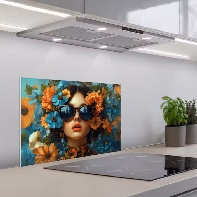 Spatscherm keuken - Vrouw - Bloemen - Oranje - Blauw - Modern — 5