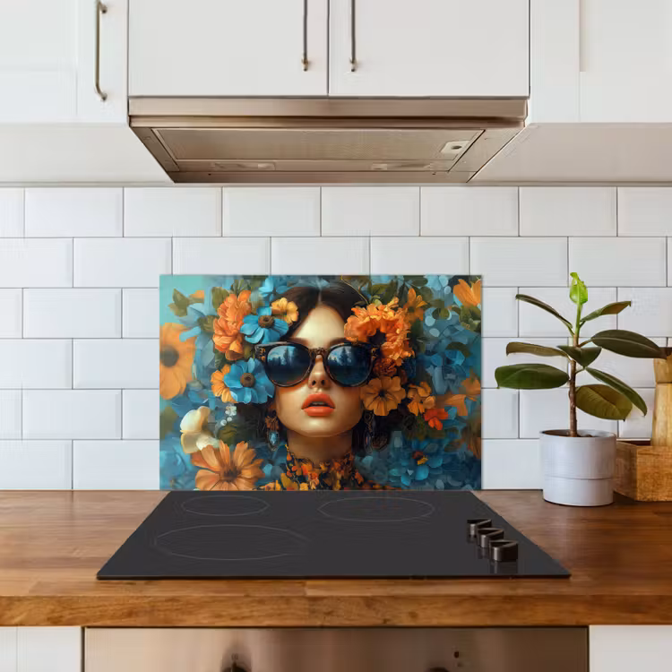 Spatscherm keuken - Vrouw - Bloemen - Oranje - Blauw - Modern — 6