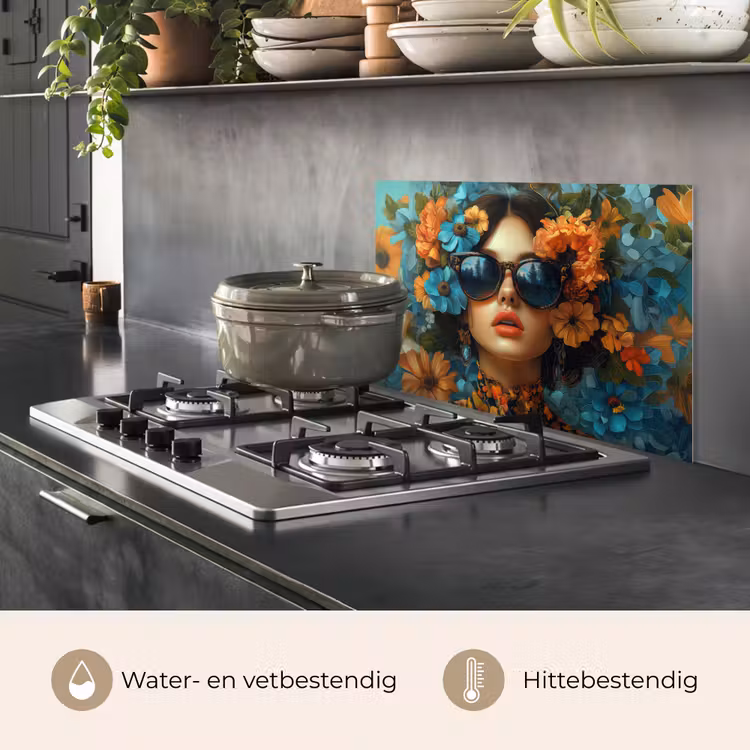 Spatscherm keuken - Vrouw - Bloemen - Oranje - Blauw - Modern — 7