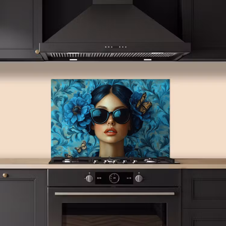 Spatscherm keuken - Vrouw - Bloemen - Vlinders - Blauw - Abstract — 2