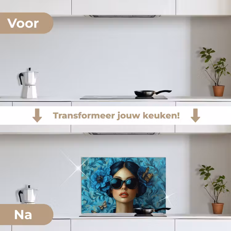 Spatscherm keuken - Vrouw - Bloemen - Vlinders - Blauw - Abstract — 3