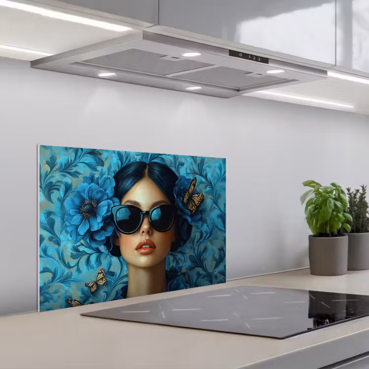 Spatscherm keuken - Vrouw - Bloemen - Vlinders - Blauw - Abstract — 5