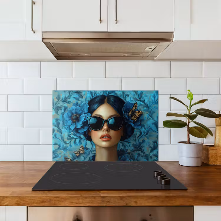 Spatscherm keuken - Vrouw - Bloemen - Vlinders - Blauw - Abstract — 6