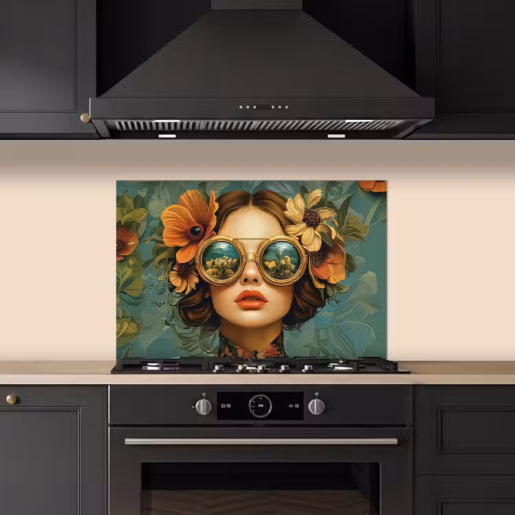 Spatscherm keuken - Vrouw - Bloemen - Vlinders - Natuur - Vintage — 1