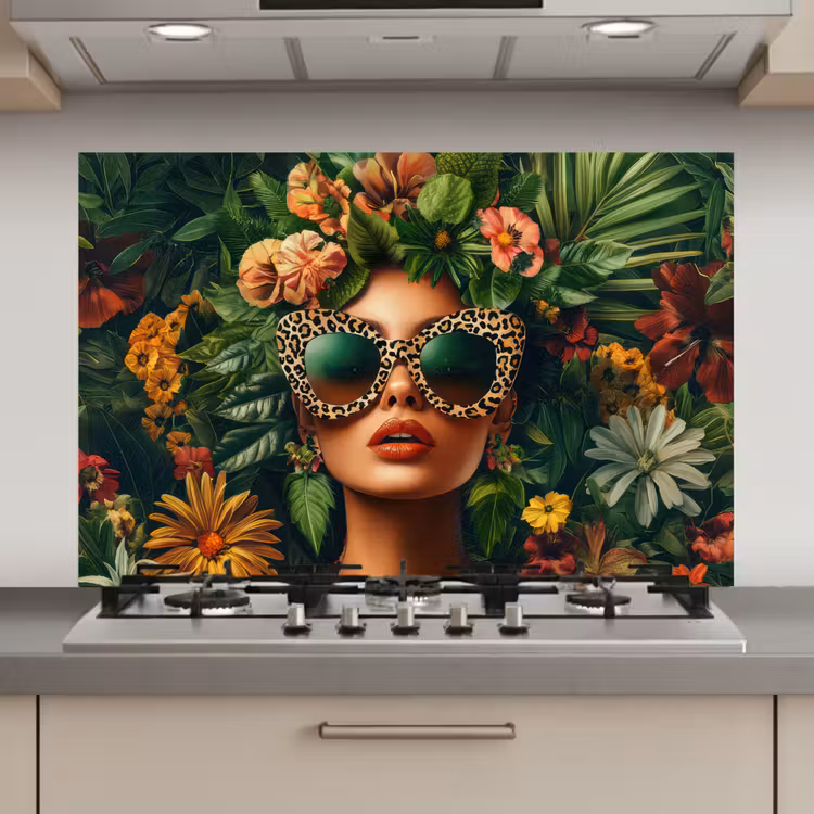 Spatscherm keuken - Vrouw - Panterprint - Jungle - Natuur - Luxe — 1