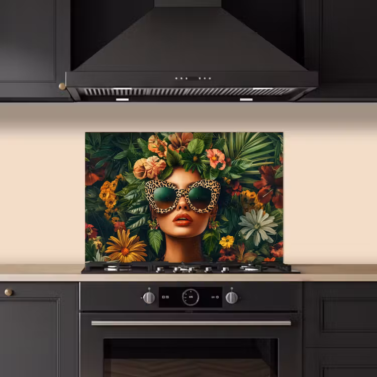 Spatscherm keuken - Vrouw - Panterprint - Jungle - Natuur - Luxe — 2