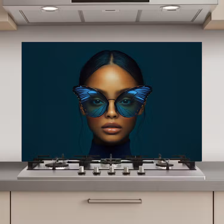 Spatscherm keuken - Vrouw - Vlinder - Bril - Blauw - Modern - Portret — 1
