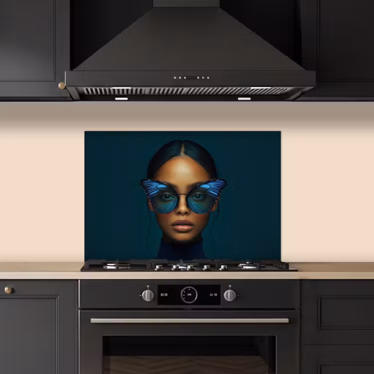 Spatscherm keuken - Vrouw - Vlinder - Bril - Blauw - Modern - Portret — 2