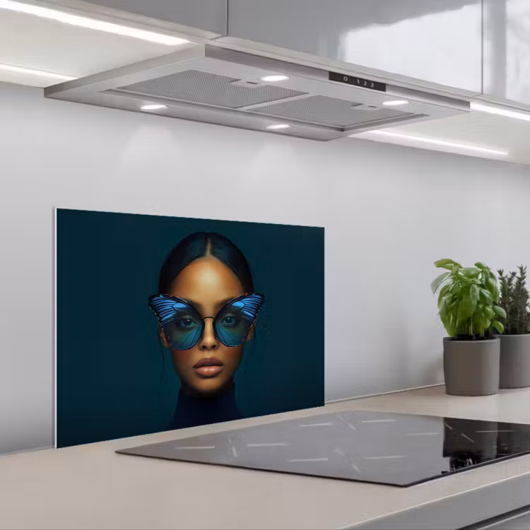 Spatscherm keuken - Vrouw - Vlinder - Bril - Blauw - Modern - Portret — 5