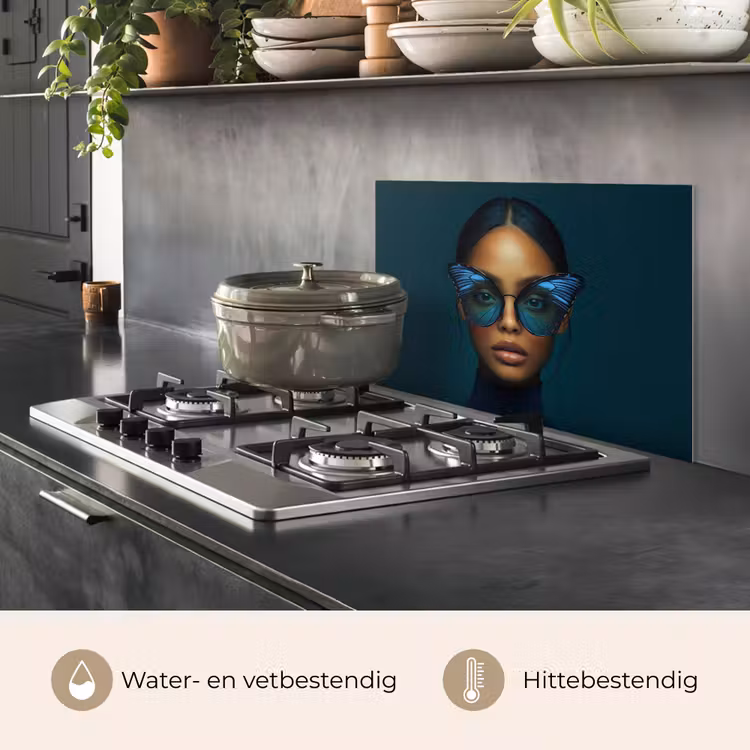 Spatscherm keuken - Vrouw - Vlinder - Bril - Blauw - Modern - Portret — 7
