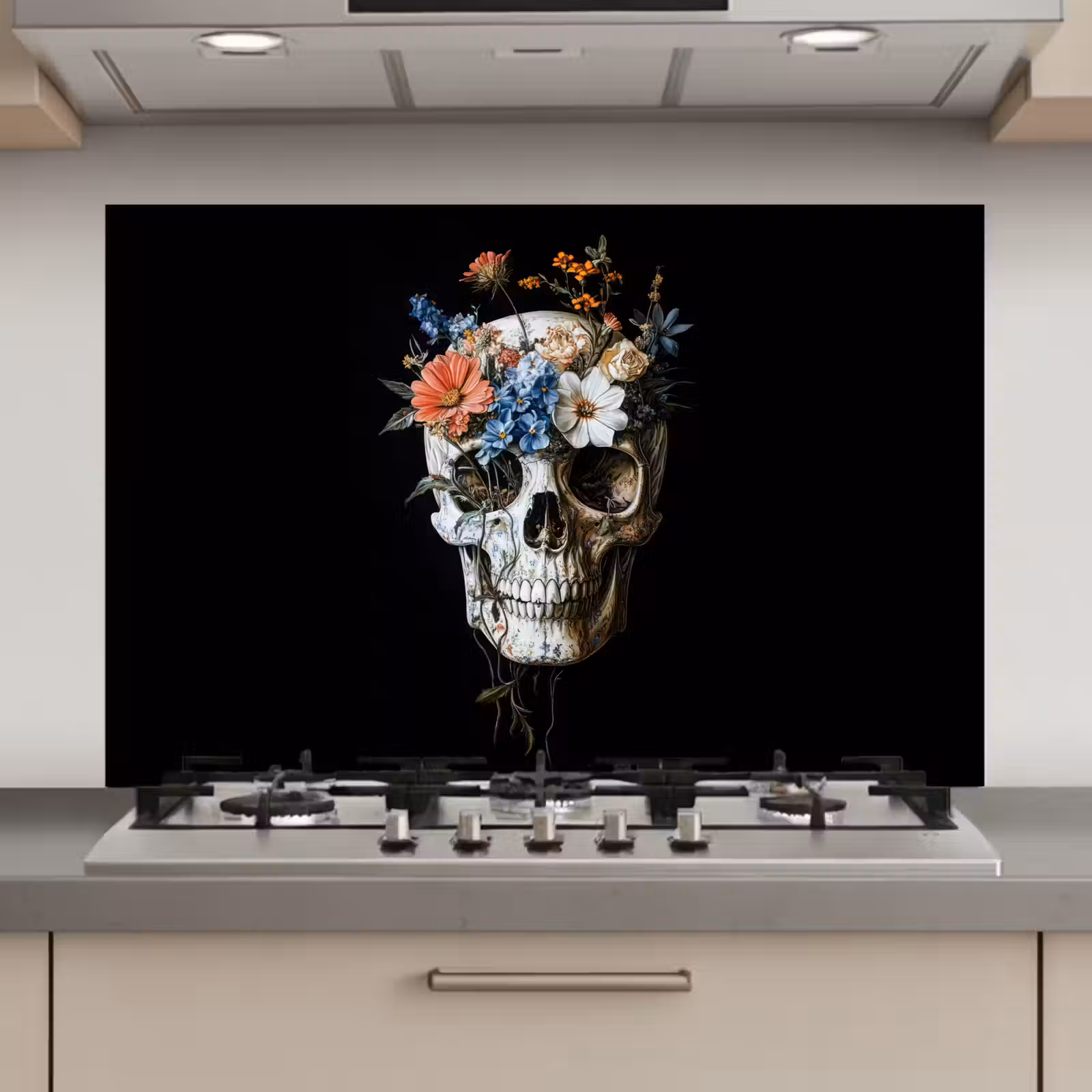 Spatscherm keuken - Bloemen - Schedel - Kleurrijk — 1