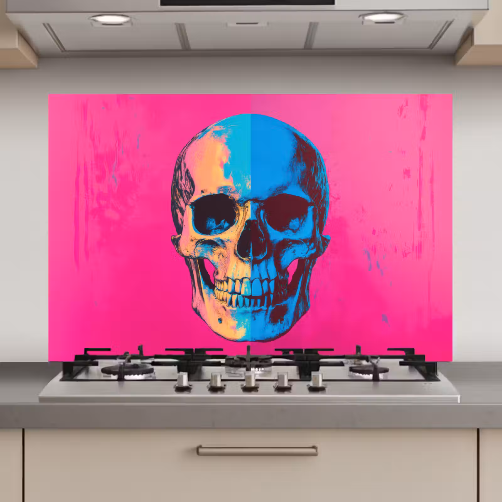 Spatscherm keuken - Neon - Blauw - Pop-art - Schedel — 1