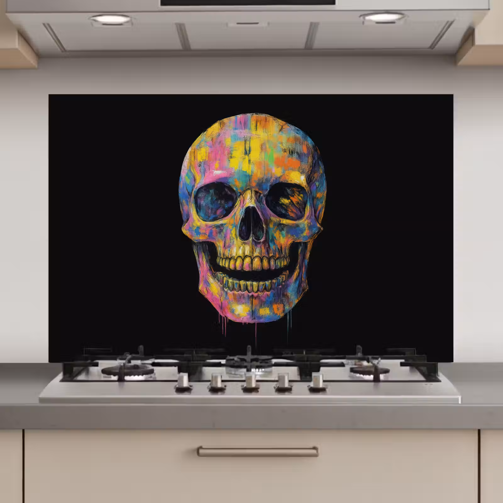 Spatscherm keuken - Penseelstreken - Schedel - Kleurrijk - Abstract — 1