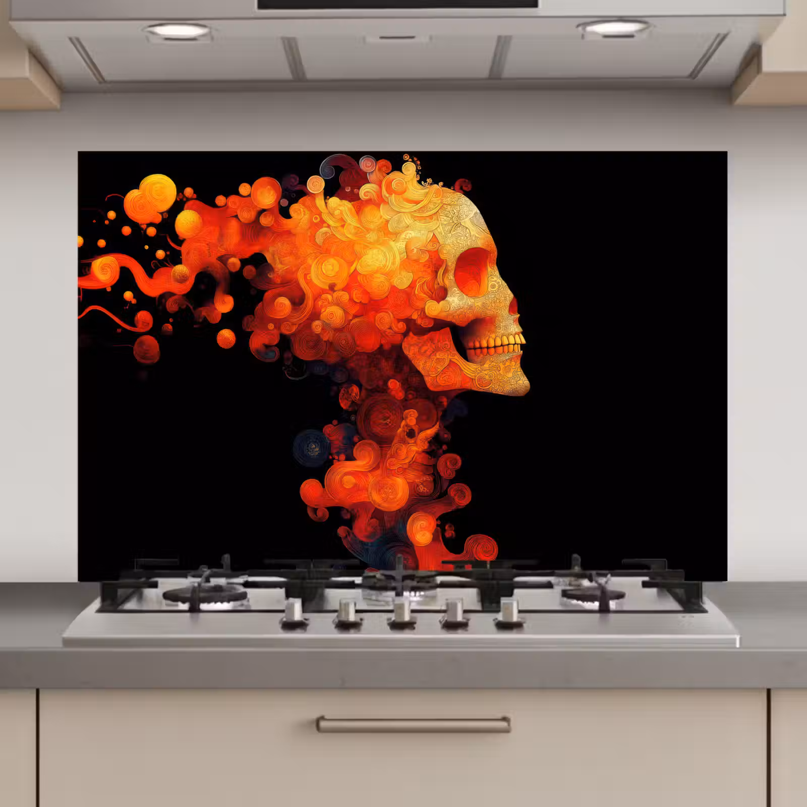 Spatscherm keuken - Schedel - Oranje - Zijaanzicht - Vlammen — 1