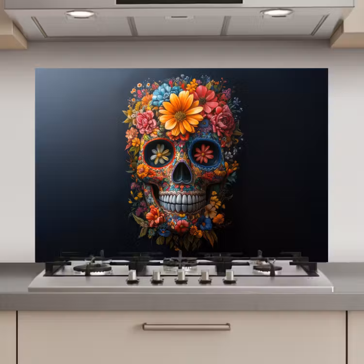 Spatscherm keuken - Bloemen - Kleurrijk - Schedel — 1