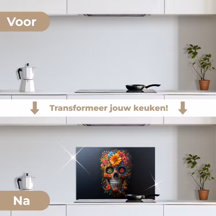 Spatscherm keuken - Bloemen - Kleurrijk - Schedel — 3