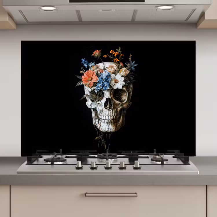 Spatscherm keuken - Bloemen - Schedel - Kleurrijk — 1