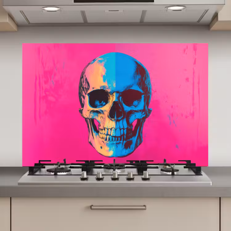 Spatscherm keuken - Neon - Blauw - Pop-art - Schedel — 1